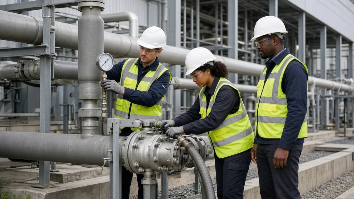 PurgeRite technicians in PPE checking a gauge in a data center mechanical yard